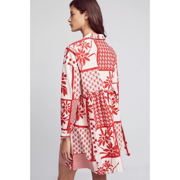 Anthropologie Maeve Red White Cotton Printmaker Poplin Long Sleeve Shirtdress L - Picture 2 of 12